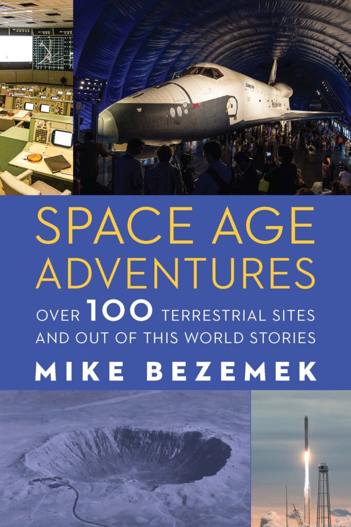 The front cover of the book Space Age Adventures shows the title, a space shuttle, meteor crater, and rocket launch.